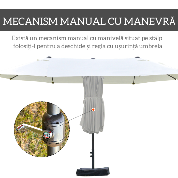  Umbrela Dubla cu 12 Spite, Baza in Cruce si Manivela, din Otel si Poliester, 455x265x238 cm, Bej [6]