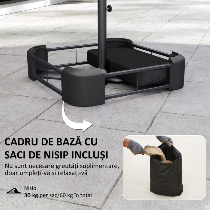  Umbrela Dubla cu 12 Spite, Manivela, Baza in Forma de Cruce si Saci, din Metal si Poliester, 3x1.5 m, Bej [4]