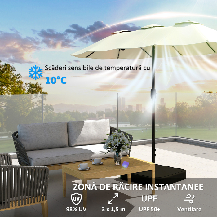  Umbrela Dubla cu 12 Spite, Manivela, Baza in Forma de Cruce si Saci, din Metal si Poliester, 3x1.5 m, Bej [5]