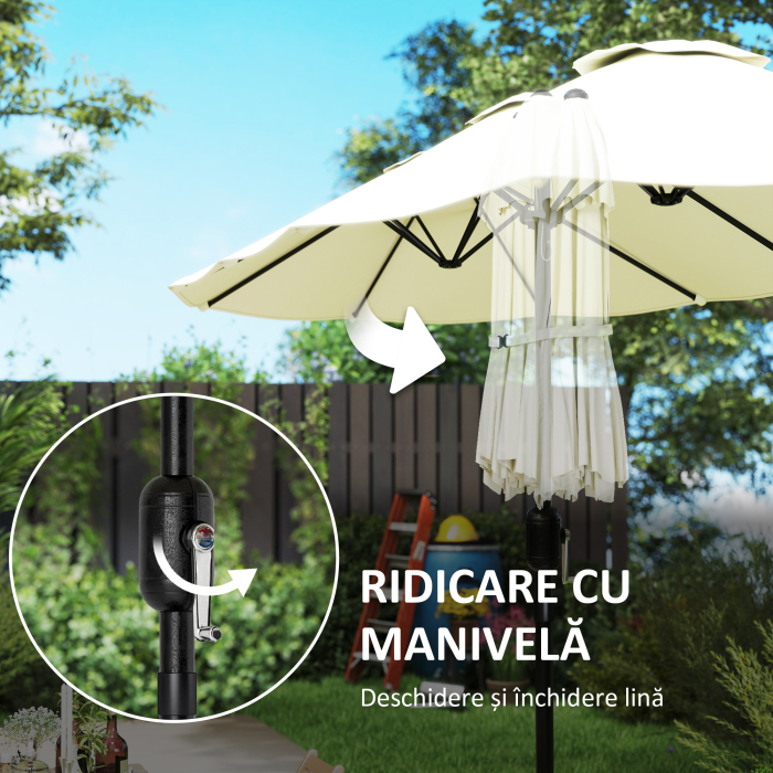  Umbrela Dubla cu 12 Spite, Manivela, Baza in Forma de Cruce si Saci, din Metal si Poliester, 3x1.5 m, Bej [8]