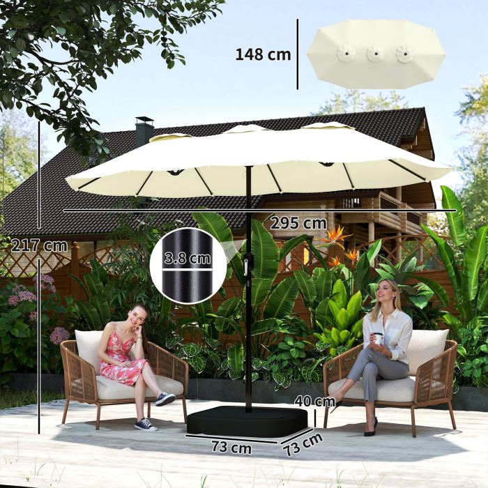  Umbrela Dubla cu 12 Spite, Manivela, Baza in Forma de Cruce si Saci, din Metal si Poliester, 3x1.5 m, Bej [3]