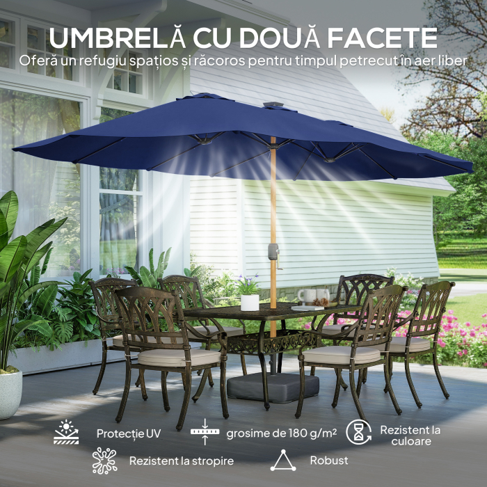  Umbrela Dubla cu 12 Spite, Manivela, Baza incrucisata si Saci de Nisip, 4,7x2,8 m, Albastru inchis [4]