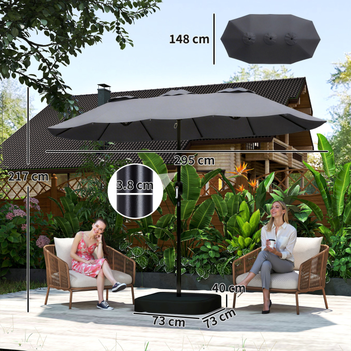  Umbrela Dubla cu 12 Spite, Manivela, Baza Metalica si Saci de Nisip, din Metal si Poliester, 3x1.5 m, Gri inchis [3]