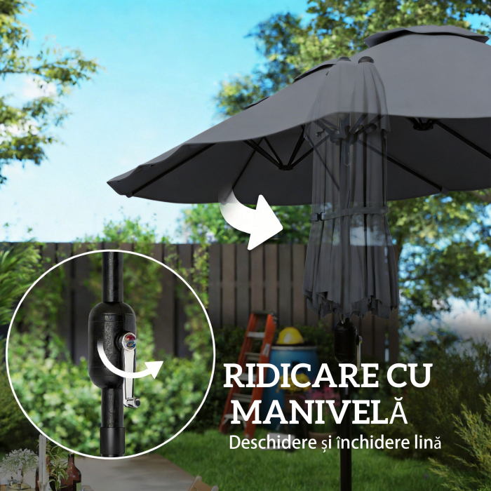  Umbrela Dubla cu 12 Spite, Manivela, Baza Metalica si Saci de Nisip, din Metal si Poliester, 3x1.5 m, Gri inchis [8]