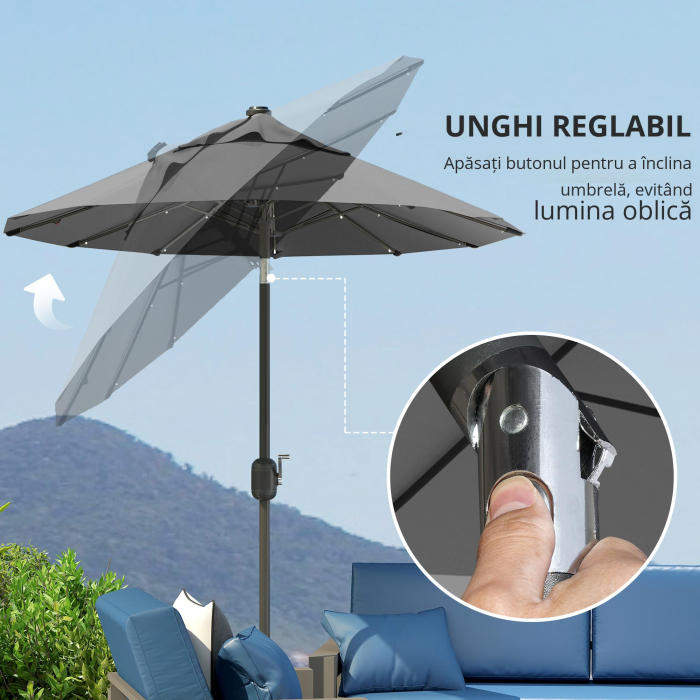  Umbrela dubla cu baza in forma de cruce si lumini solare, 295x150x219cm, gri [5]