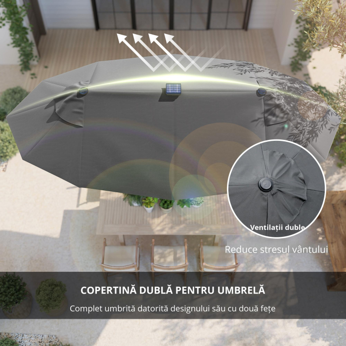  Umbrela dubla cu baza in forma de cruce si lumini solare, 295x150x219cm, gri [6]