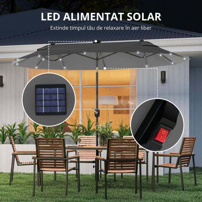  Umbrela dubla cu baza in forma de cruce si lumini solare, 295x150x219cm, gri [4]