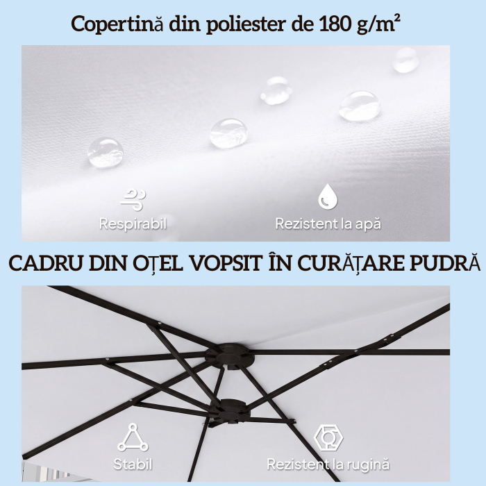  Umbrela Dubla de Gradina 4.6x2.7 m, Umbrela de Exterior cu Manivela, Husa Protectoare, 12 Spite, Anti UV 50+, pentru Terasa Balcon Piscina Gradina, Alb [6]