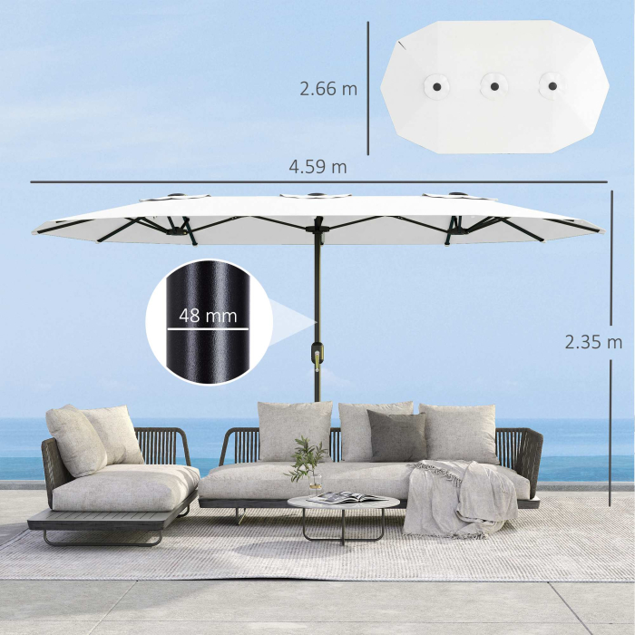  Umbrela Dubla de Gradina 4.6x2.7 m, Umbrela de Exterior cu Manivela, Husa Protectoare, 12 Spite, Anti UV 50+, pentru Terasa Balcon Piscina Gradina, Alb [3]