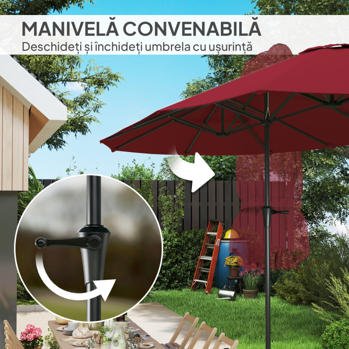  Umbrela Dubla de Gradina cu 12 Spite, Orificii de Ventilatie si Manivela, 400x220x234 cm, Rosu Vin [5]