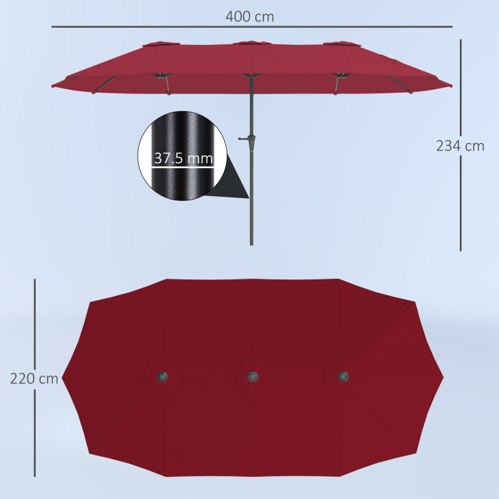  Umbrela Dubla de Gradina cu 12 Spite, Orificii de Ventilatie si Manivela, 400x220x234 cm, Rosu Vin [3]
