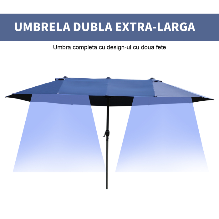  Umbrela Dubla de Gradina cu Deschidere cu manivela, Otel si Poliester, 460x270x240cm, albastra [5]