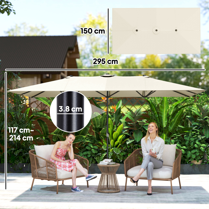  Umbrela Dubla Inclinabila si Reglabila cu Franghie, din Poliester si Metal, 150x295x170-214 cm, Crem [3]