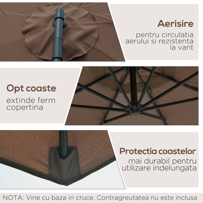  Umbrela Exterioara cu Manivela, din Otel si Poliester Rezistent la UV, Ø295x245 cm, Cafea [5]