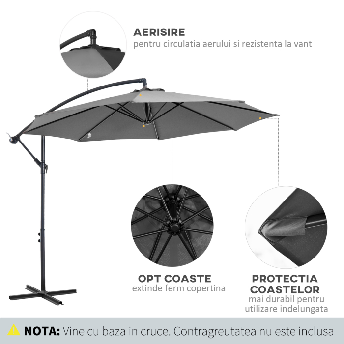  Umbrela pentru Exterior Structura din Otel si Poliester Impermeabil Anti-UV Φ300x250cm Gri [5]