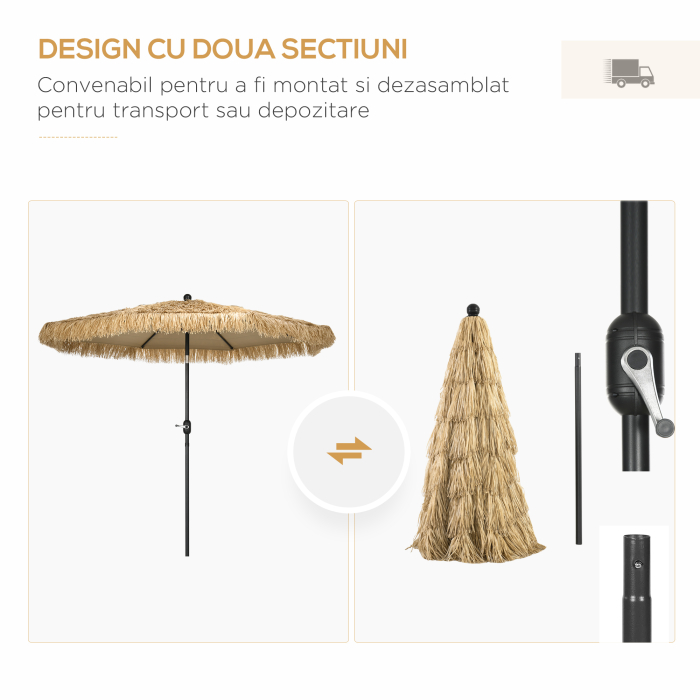  Umbrela pentru gradina cu paie, umbrela rotunda stil Hawai cu manivela, Ø265x250cm, kaki [6]