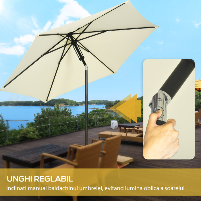  Umbrela pentru gradina din poliester si metal cu 6 bare, cu acoperis inclinabil la 45°, Ø262x243 cm, bej si negru [4]