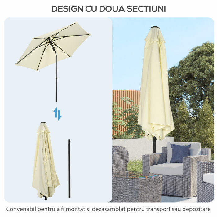  Umbrela pentru gradina din poliester si metal cu 6 bare, cu acoperis inclinabil la 45°, Ø262x243 cm, bej si negru [8]