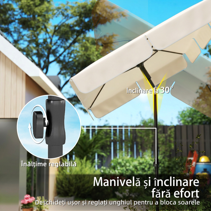  Umbrela Rectangulara cu 3 inclinatii si Manivela, din Metal si Poliester, 183x122x222 cm, Bej [6]