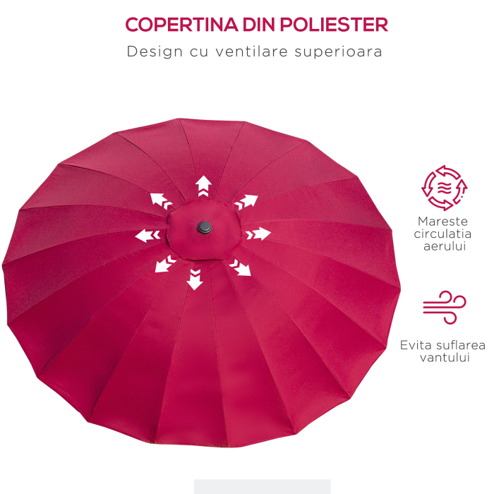  Umbrela Rotunda Pliabila cu 18 Spite si Manivela, din Metal si Poliester, Ø250x240 cm, Rosu Vin [6]