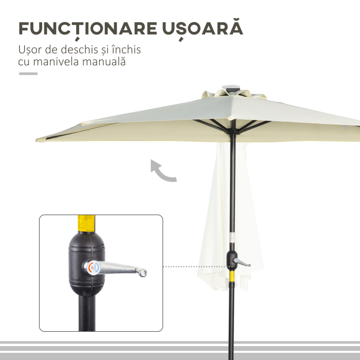  Umbrela Semicirculara cu 20 Lumini LED, Panou Solar, Manivela si Tija in 2 Sectiuni, 265x135x240 cm, Bej [6]