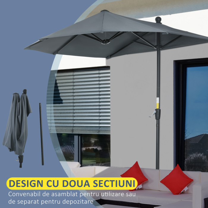  Umbrela Semicirculara cu Manivela si Acoperis Anti-UV, 200x190x240 cm, Gri [6]