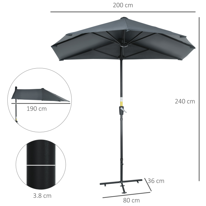  Umbrela Semicirculara cu Manivela si Acoperis Anti-UV, 200x190x240 cm, Gri [3]