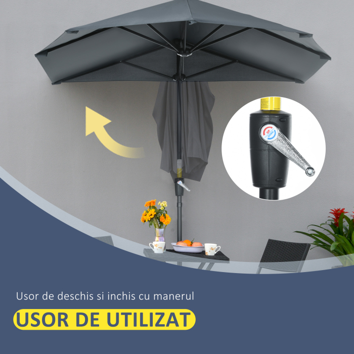  Umbrela Semicirculara cu Manivela si Acoperis Anti-UV, 200x190x240 cm, Gri [5]