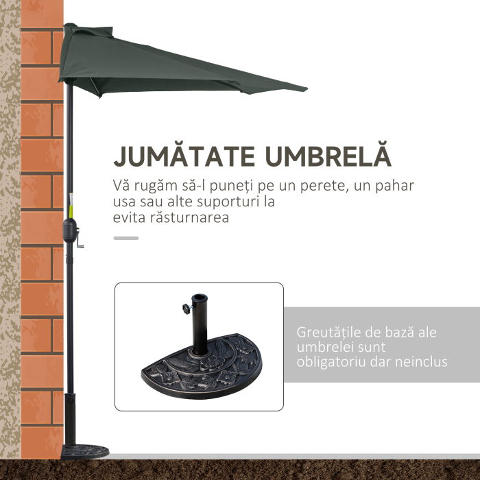  Umbrela Semicirculara de Perete pentru Gradina cu Deschidere cu Manivela din Poliester, Gri 269x138x236cm [6]
