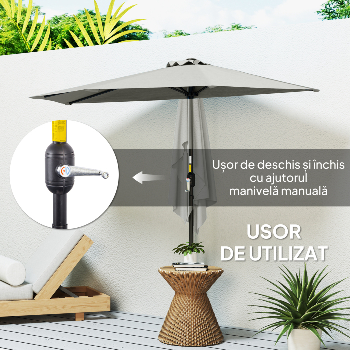  Umbrela Semicirculara de Perete pentru Gradina cu Deschidere cu Manivela din Poliester, Gri 269x138x236cm [4]