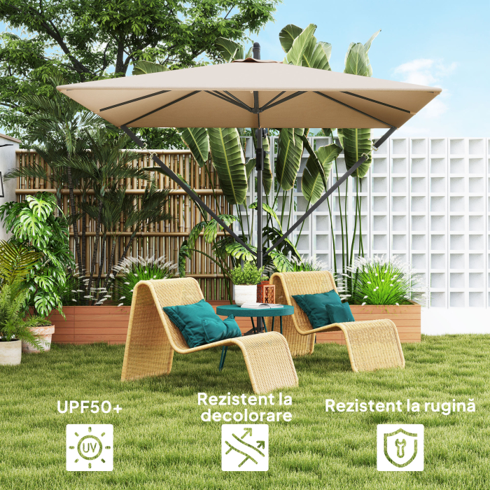  Umbrela Suspendata 2.5x2.5 m cu Acoperire, Corzi Antivant, Baza in Cruce si Manivela, Umbrela de Gradina Inclinabila si Rotativa 360° din Metal si Poliester 180 g/m², UV50+, Gri [5]