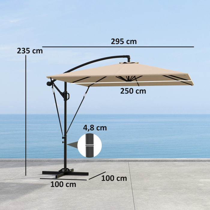  Umbrela Suspendata 2.5x2.5 m cu Acoperire, Corzi Antivant, Baza in Cruce si Manivela, Umbrela de Gradina Inclinabila si Rotativa 360° din Metal si Poliester 180 g/m², UV50+, Gri [3]