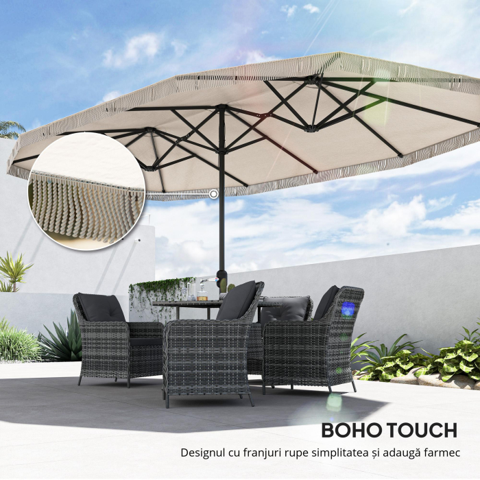  Umbrelon Dublu cu 12 Stecari si Manivela, din Poliester si Otel, 450x265x260 cm, Crem [5]