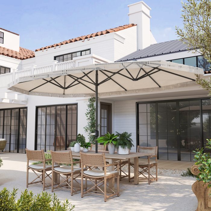  Umbrelon Dublu cu 12 Stecari si Manivela, din Poliester si Otel, 450x265x260 cm, Crem [8]