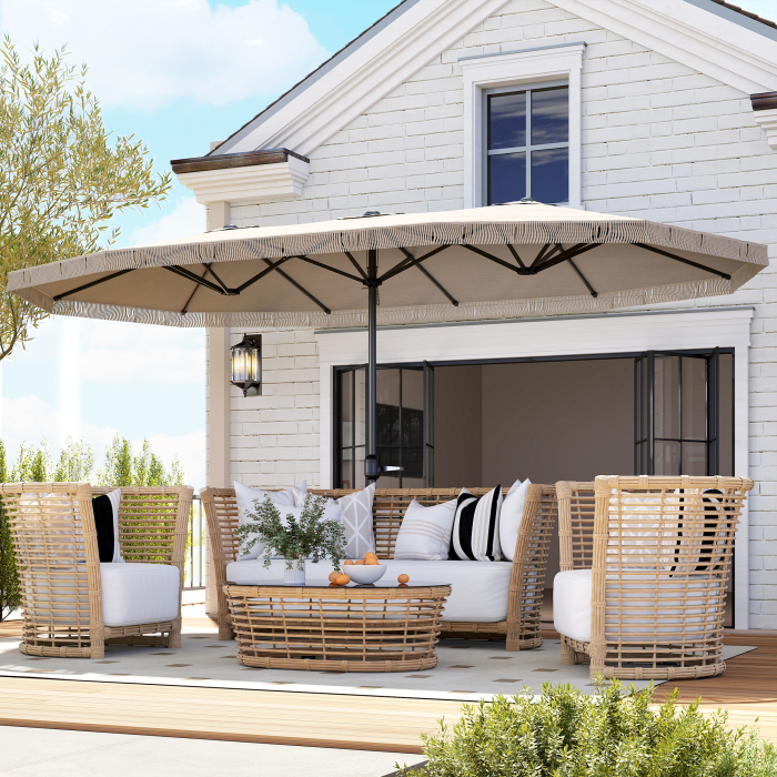  Umbrelon Dublu cu 12 Stecari si Manivela, din Poliester si Otel, 450x265x260 cm, Crem [9]