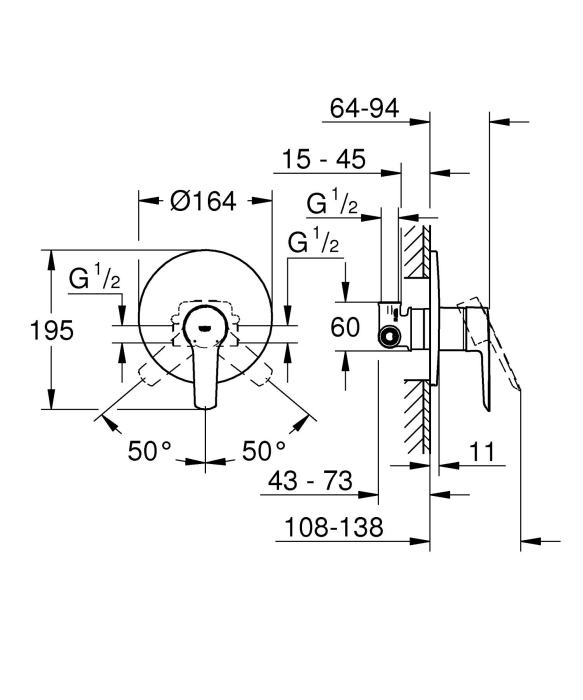 Unitate comanda Grohe 32590002, 1 bar, 163 mm, 11 mm, 1 iesiri, 1 functii palarie dus, 1/2 dimensiune racord, Crom [7]