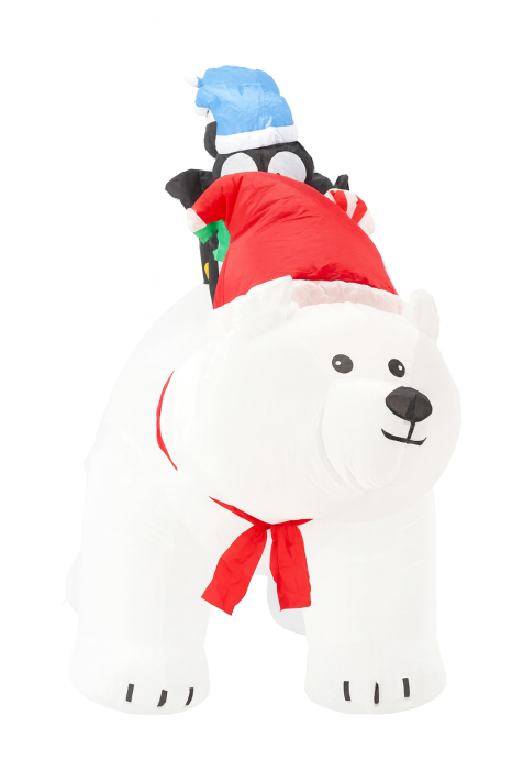 Urs polar gonflabil de exterior, iluminare LED, cu doi pinguini, compresor integrat, 200x120x80 cm, alb [8]