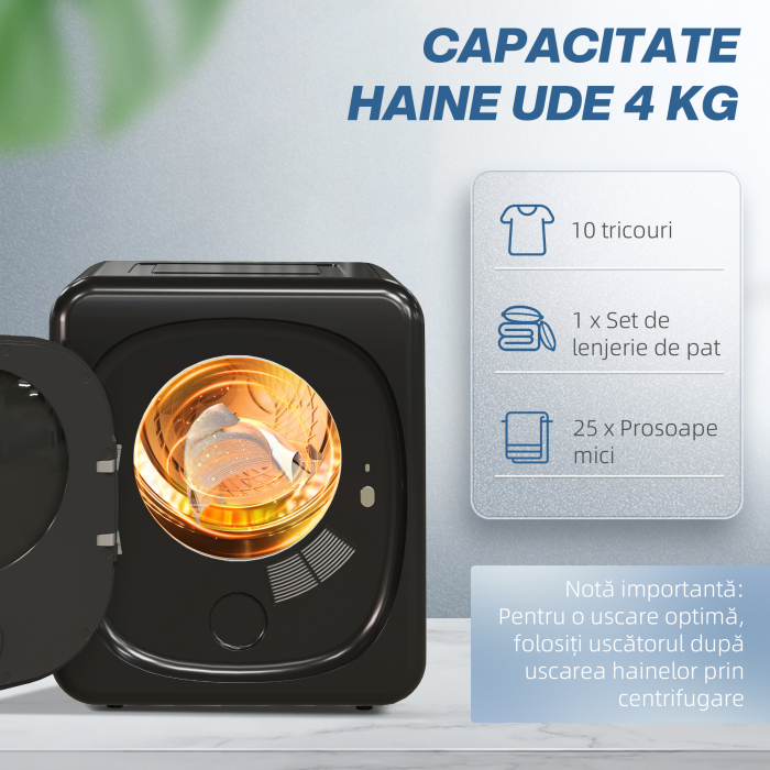  Uscator cu Aer, Capacitate 4kg, Timer si Program Smart, din Otel Inoxidabil si ABS, 48x40x56 cm, Negru [5]