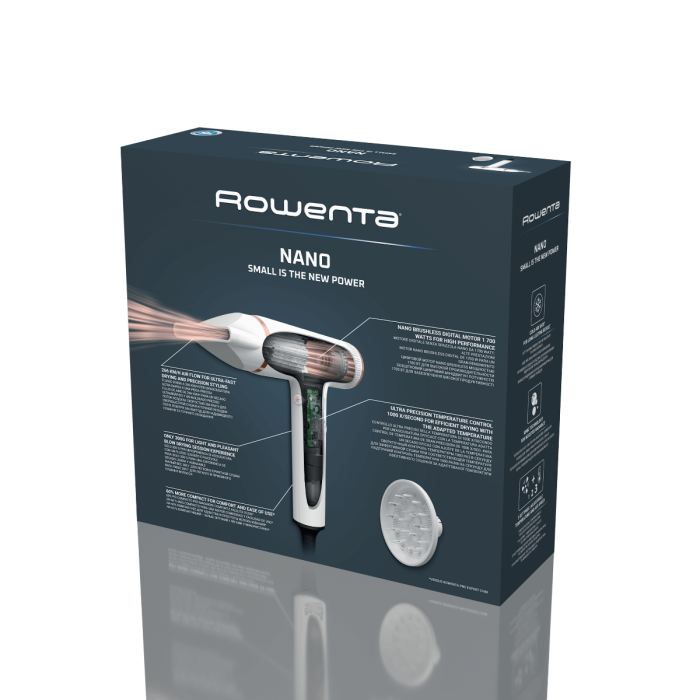 Uscator de par compact Rowenta Nano HY8140F0, 1700W, 3 trepte de viteza, 3 trepte de temperatura, duza de concentrare, difuzor volum, generator de ioni, flux de aer rece, grilaj detasabil, perie de cu [15]