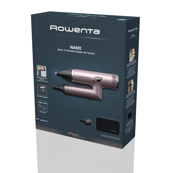 Uscator de par pliabil Rowenta Nano HY8530E0, 1700W, 3 trepte de viteza, 3 trepte de temperatura, 2 concentratoare, functie aer rece, generator de ioni, grilaj detasabil, roz & negru [14]