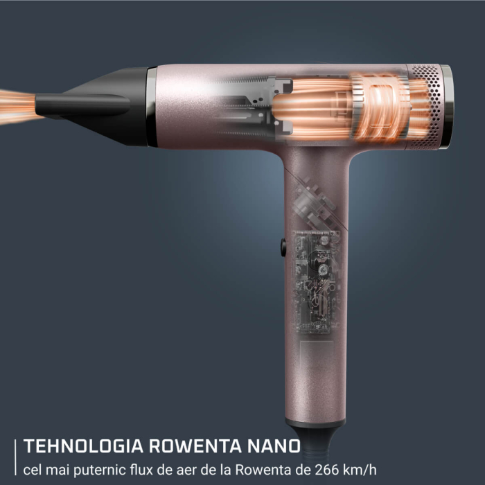 Uscator de par pliabil Rowenta Nano HY8530E0, 1700W, 3 trepte de viteza, 3 trepte de temperatura, 2 concentratoare, functie aer rece, generator de ioni, grilaj detasabil, roz & negru [4]