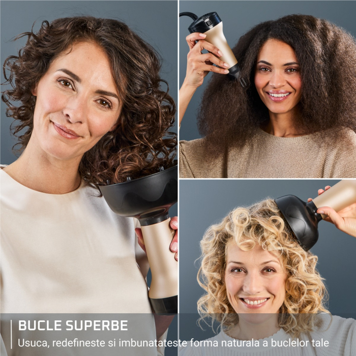 Uscator de par Rowenta Curl Harmony 3 in 1 CV7D30E0, 700 W, 2 trepte de viteza si temperatura, generator de ioni, grila detasabila, geanta de transport, crem & negru [3]
