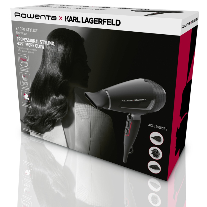 Uscator de par Rowenta x Karl Lagerfeld Pro Stylist CV888LF0, 2200W, Tehnologia Rowenta Air-to-Care, invelis Keratin&Glow, 3 accesorii, jet de aer rece, cablu 1.8m, negru&gri [14]