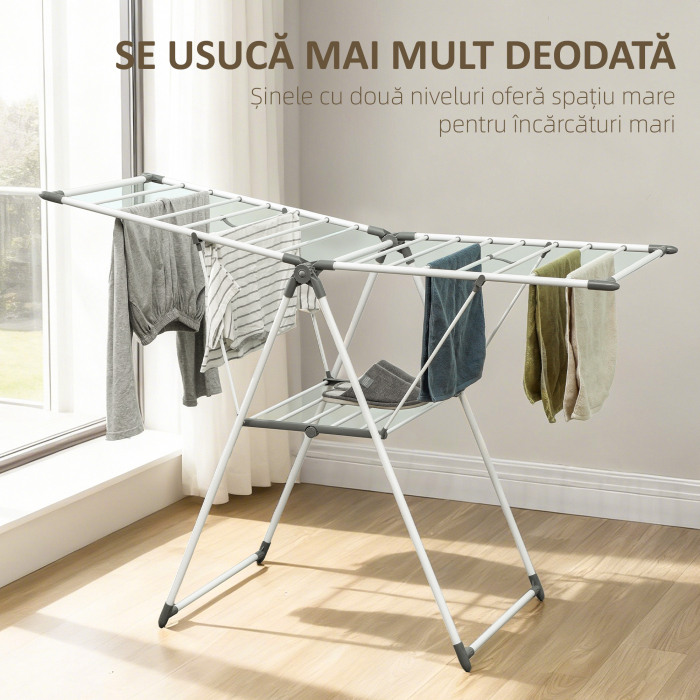 Uscator de Rufe cu 2 Niveluri Reglabil pe 4 inaltimi, Uscator cu Picioare Antiderapante din Metal si Plastic, 156,5x61,5x97 cm, Alb [4]
