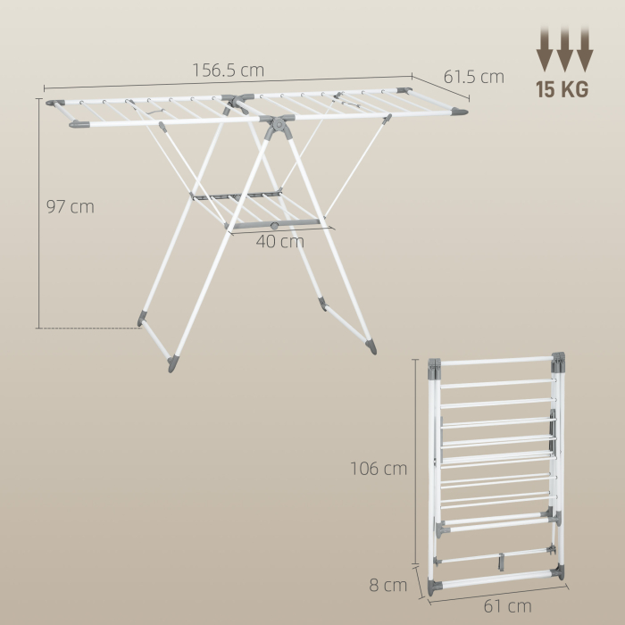  Uscator de Rufe cu 2 Niveluri Reglabil pe 4 inaltimi, Uscator cu Picioare Antiderapante din Metal si Plastic, 156,5x61,5x97 cm, Alb [3]