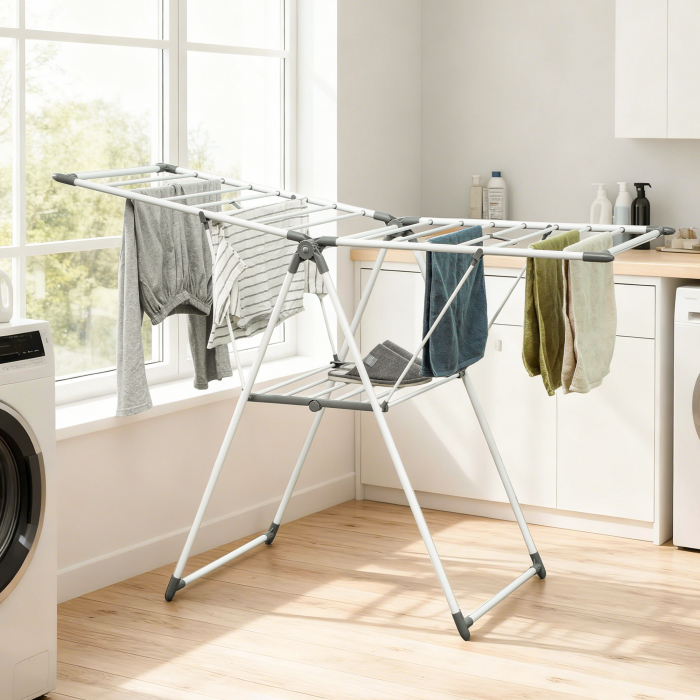  Uscator de Rufe cu 2 Niveluri Reglabil pe 4 inaltimi, Uscator cu Picioare Antiderapante din Metal si Plastic, 156,5x61,5x97 cm, Alb [2]