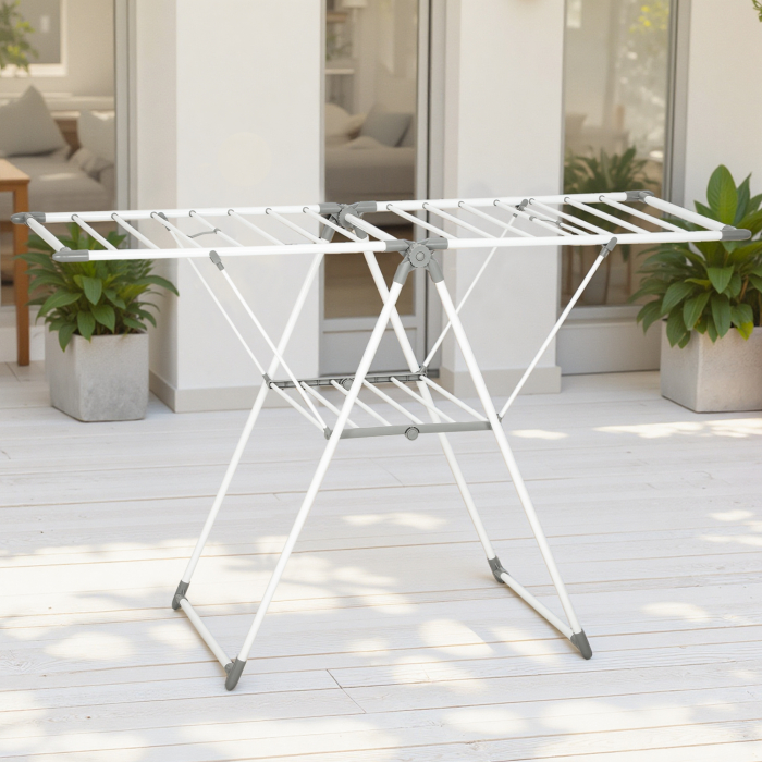  Uscator de Rufe cu 2 Niveluri Reglabil pe 4 inaltimi, Uscator cu Picioare Antiderapante din Metal si Plastic, 156,5x61,5x97 cm, Alb [8]