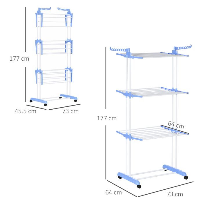  Uscator de rufe extensibil pe 4 niveluri cu 4 roti, din otel si pp, 73x64x177 cm, Albastru si Argintiu [3]