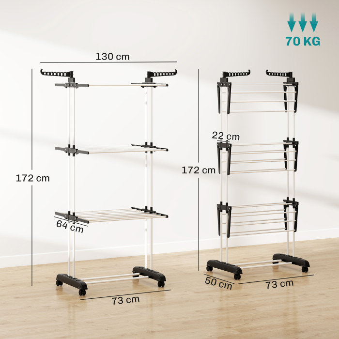  Uscator de rufe pliabil cu 4 nivele, aripi pivotante si 4 roti, din otel si PP, 73x64x177 cm, negru [3]