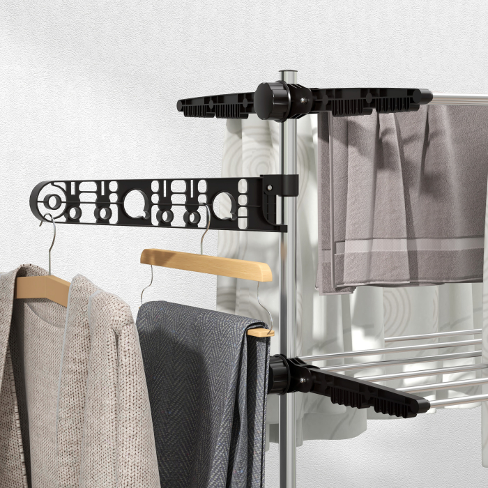  Uscator de Rufe Pliabil, Uscator Tip Turn cu 6 Roti, Carlige si 4 Rafturi Reglabile, 142x55x172 cm, Argintiu [9]